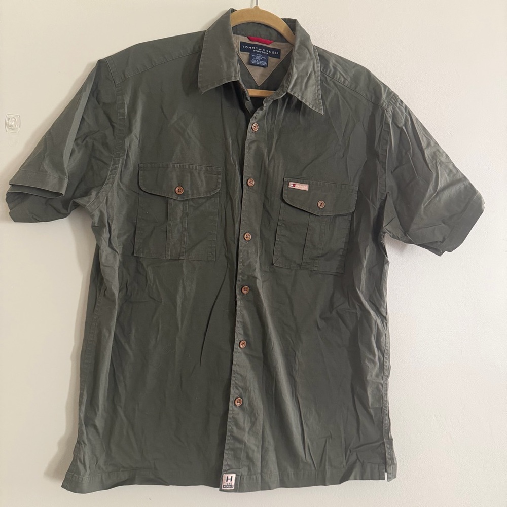 Tommy Hilfiger Olive Green Men's Shirt, Large, Button Up Cotton Blend